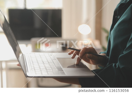 Female Manager Using Laptop Computer To Check Inventory. In the Background Warehouse Retail Center with Cardboard boxes, e-Commerce Online Orders, Food, Medicine, Products Supply. Over the Shoulder 116153056