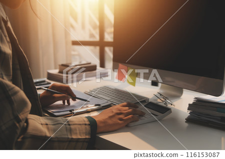 Team of business people working together in the meeting room office, teamwork background charts and graphs banner, double exposure successful teamwork,business planning concept. 116153087