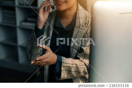 Call center, computer and business with woman in office for customer service, technical support and advice. Technology, contact us and communication with employee operator in help desk agency 116153116
