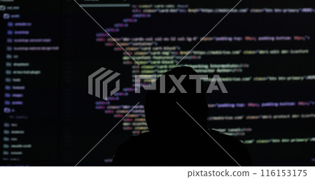 Man hacker working in dark abstract room. Programming code on a large screen in the background. Hacking and technology crime concept. 116153175