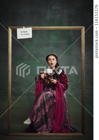 Promotional material for pubs and breweries, humorous historical imagery to highlight the enjoyment of beer. Woman drinking lager foamy beer Promotional material for pubs and breweries, humorous historical imagery to highlight the enjoyment of beer. Woman drinking lager foamy beer 116153176