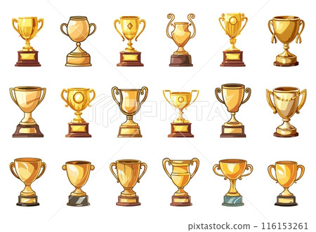 Winner golden trophy cup. Champion trophies set. Symbol of achievement and recognition. Victory sports events and success award. Vector clipart collection 116153261