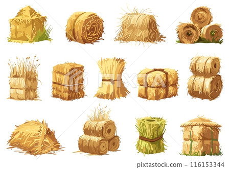 Hay bales, piles, heaps and stacks set. Dry grass in packs. Straw in rolls. Simple flat cartoon style. Vector clipart collection Hay bales, piles, heaps and stacks set. Dry grass in packs. Straw in rolls. Simple flat cartoon style. Vector clipart collection 116153344