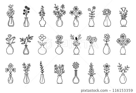 Flowers in vase linear set. Plants in interior. Clean lines, straight edges. Natural simple flower and leaf arrangement elements in pots. Vector clipart collection 116153359