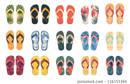Flipflop set. Top view. Casual bright summer footwear. Y-shaped strap between the toes. Poolside relaxation and beach comfortable shoes. Vector collection 116153360