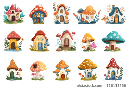 Fantasy fairy mushrooms houses set covered with flowers and grass wih windows and doors. Funny childish fairytail magic elements. Vector clip art collection for children book Fantasy fairy mushrooms houses set covered with flowers and grass wih windows and doors. Funny childish fairytail magic elements. Vector clip art collection for children book 116153366