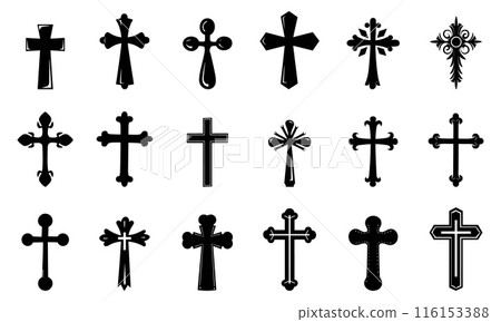 Easter cross silhouette set. Symbol in Christianity. Religious church signage and artwork elements. Monochrome simple flat vector design 116153388