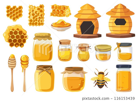 Bee and honey set. Cartoon honeycomb hive glass jars spoon with honey. Agriculture harvest elements, healthy sweet organic food, isolated vector elements 116153439