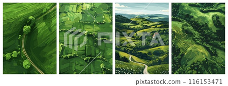 Aerial view of green field posters set. Summer fields landscapes. Rural green farm top views backgrounds. Spring season nature vector cards design templates 116153471