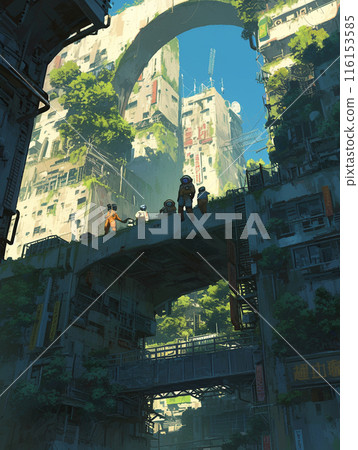 Research team walking through the ruins Research team walking through the ruins 116153585