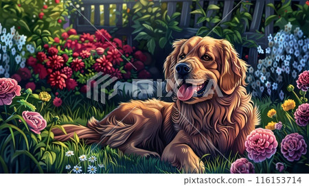 Golden Retriever Joy is Contagious in Garden Setting 116153714