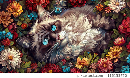 Soft Fur Meets Bold Petals in Garden Scene 116153750