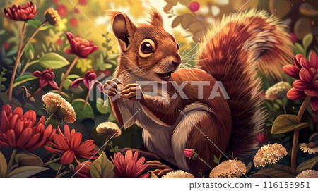 Whimsical Encounter Between Squirrel and Flowers Whimsical Encounter Between Squirrel and Flowers 116153951