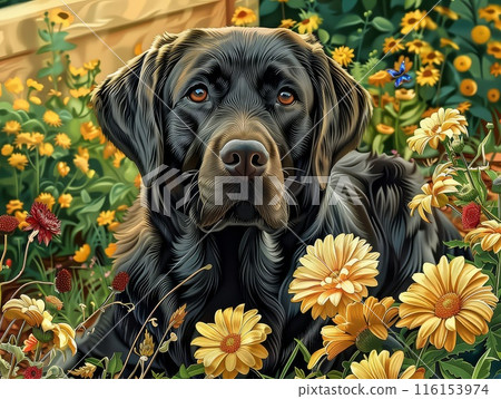 Vibrant Petals Frame Labrador Serene Encounter Unfolds Found 116153974