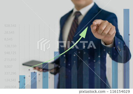 2024 business finance technology and investment concept. Stock Market Investment Fund and Digital Asset. Businessman in blue suit analyzing forex trading graph financial data on tablet computer. 116154029