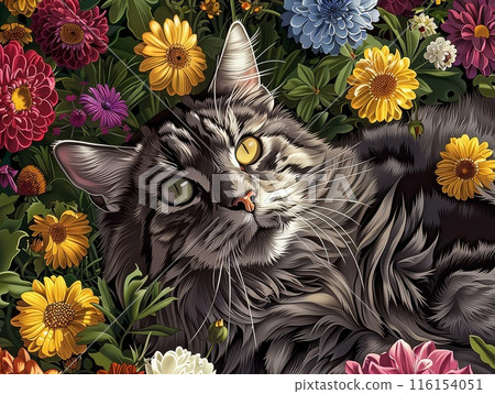 Whimsical World of Flowers Welcomes Happy Maine Coon Guest Unfolds Daily 116154051