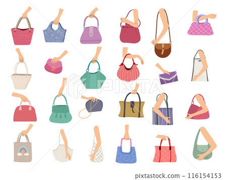 Woman purse. Hands holding different fashioned bags for girls recent vector stylish lady wardrobe accessories leather handbags 116154153