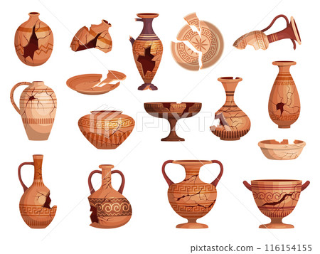 Cracked utensils. Ancient damaged clay ceramics pots recent vector cartoon pictures 116154155