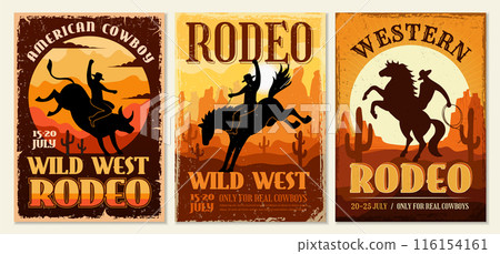 Western poster. Cowboys rodeo recent vector old style vintage placards with place for text Western poster. Cowboys rodeo recent vector old style vintage placards with place for text 116154161