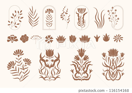 Floral badges. Abstract decorative botanical illustrations floral symbols in minimalistic style recent vector nature objects for logo designs Floral badges. Abstract decorative botanical illustrations floral symbols in minimalistic style recent vector nature objects for logo designs 116154168