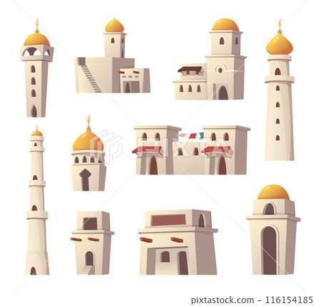 Islamic buildings. Towers columns arches authentic traditional islamic constructions exact vector cartoon buildings set 116154185
