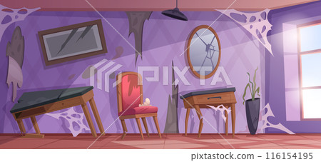 Broken interior. Damaged furniture in old style interior cracked sofas dirty chairs in living room exact vector background Broken interior. Damaged furniture in old style interior cracked sofas dirty chairs in living room exact vector background 116154195