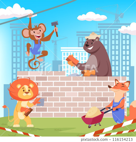 animals builders. fox bear lion and monkey home repair cartoon vector happy characters 116154213