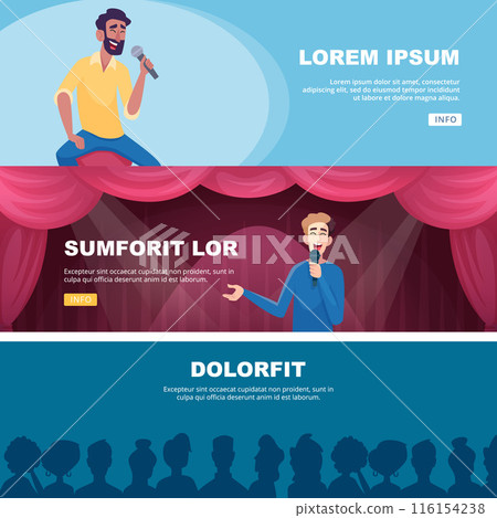 stand up comedy. banners with speakers speaking in microphone comedians characters 116154238