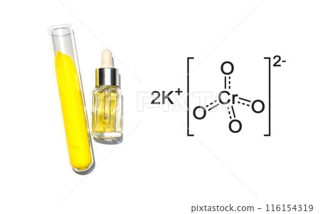 Potassium Chromate powder in test tube with molecular structure. Potassium Chromate powder in test tube with molecular structure. 116154319