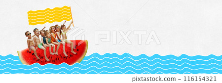 Poster. Contemporary art collage. Children, with surprised and curious expressions, on watermelon slice as on ship, rush to meet adventures. Poster. Contemporary art collage. Children, with surprised and curious expressions, on watermelon slice as on ship, rush to meet adventures. 116154321