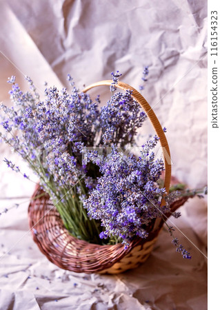 Basket with lavender flowers top view Basket with lavender flowers top view 116154323
