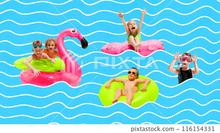 Poster. Contemporary art collage. Carefree. Little children have fun in sea, diving, swimming in inflatable rings in hot summer day. 116154331
