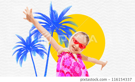 Poster. Contemporary art collage. Happy child. Little girl dressed stylish outfit, raised hands of joy against abstract beach background. 116154337