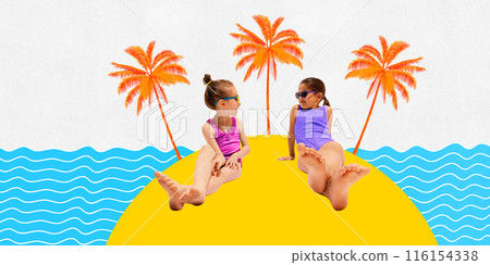 Poster. Contemporary art collage. Two little girls in swimsuits and sunglasses sitting on beach, island in sea and rest. 116154338