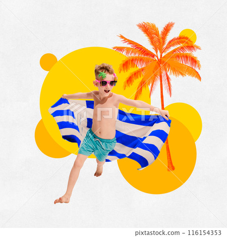 Poster. Contemporary art collage. Little kid, boy running with towel of joy and fun on hot summer day against abstract beach background. Poster. Contemporary art collage. Little kid, boy running with towel of joy and fun on hot summer day against abstract beach background. 116154353