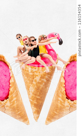Poster. Contemporary art collage. Curious and surprised girls sitting in inflatable flamingo-ring on huge ice cream horn. Adventures. 116154354