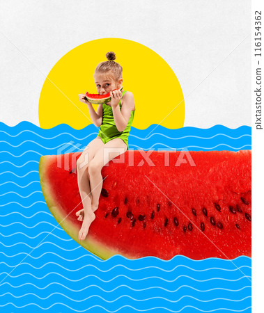 Poster. Contemporary art collage. Girl in swimsuit sitting on huge, juicy slice of watermelon, as on boat, in blue sea and eating fruit. Poster. Contemporary art collage. Girl in swimsuit sitting on huge, juicy slice of watermelon, as on boat, in blue sea and eating fruit. 116154362