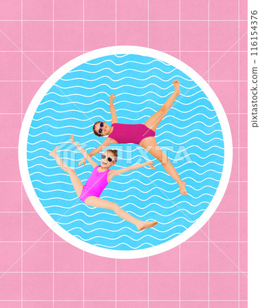 Poster. Contemporary art collage. Girls dressed swimwear relaxing, swimming in pool in hot summer day. Little stars dreaming. Poster. Contemporary art collage. Girls dressed swimwear relaxing, swimming in pool in hot summer day. Little stars dreaming. 116154376