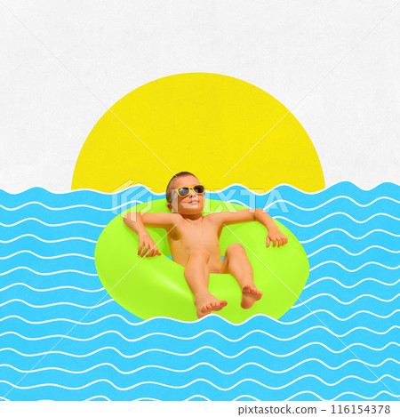 Poster. Contemporary art collage. Little boy, relaxing swimming in inflatable green ring waves of ocean in hot summer day. Poster. Contemporary art collage. Little boy, relaxing swimming in inflatable green ring waves of ocean in hot summer day. 116154378