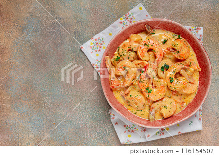 shrimp in creamy garlic sauce, with spices and herbs, 116154502