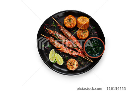 langoustines on skewers, shrimp kebab, with fried corn, spices and herbs, homemade, no people, on a white background, isolate, langoustines on skewers, shrimp kebab, with fried corn, spices and herbs, homemade, no people, on a white background, isolate, 116154533