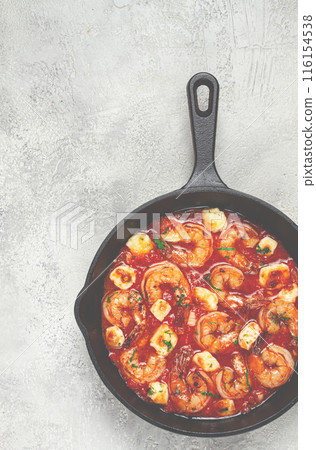 Greek saganaki, in an iron pan, saganaki with shrimp, shrimp in tomato sauce, with pepper and feta cheese, homemade, no people, Greek saganaki, in an iron pan, saganaki with shrimp, shrimp in tomato sauce, with pepper and feta cheese, homemade, no people, 116154538