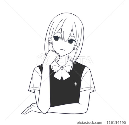 Monotone illustration (line drawing) of a manga-style female student with a worried expression 116154590