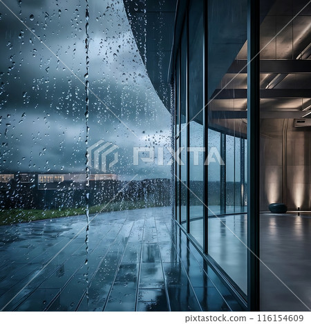 Image of rain falling on large windows of a building 116154609