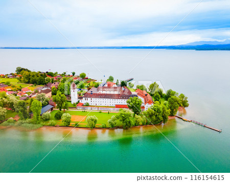 Frauenchiemsee Abbey aerial panoramic view, Bavaria 116154615