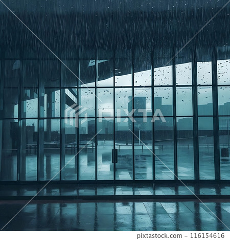 Image of rain falling on large windows of a building 116154616