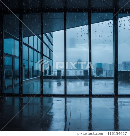 Image of rain falling on large windows of a building Image of rain falling on large windows of a building 116154617