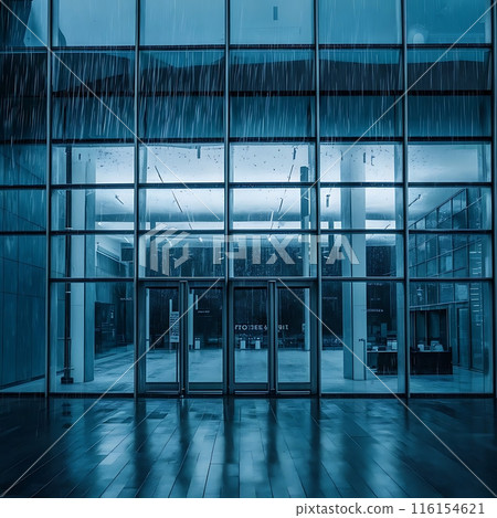 Image of rain falling on large windows of a building 116154621