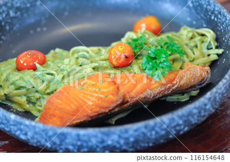 salmon pasta or pesto salmon pasta , pasta with green sauce or pesto sauce salmon pasta or pesto salmon pasta , pasta with green sauce or pesto sauce 116154648