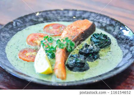 salmon steak in pesto sauce ,salmon steak with vegetable and pesto sauce salmon steak in pesto sauce ,salmon steak with vegetable and pesto sauce 116154652